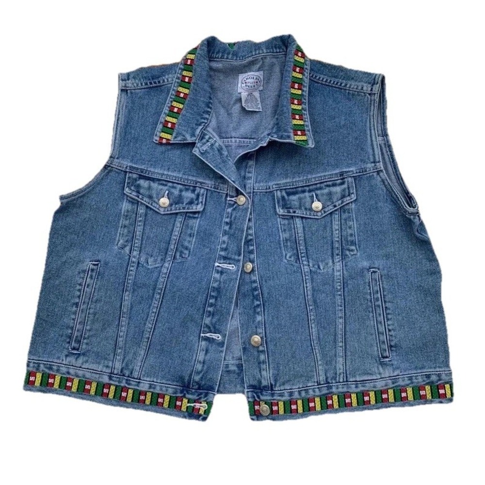 VTG 90s‎ Y2K Denim Vest Embroidered 20W Grunge Edgy Festival Western Jean Jacket